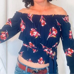 Navy blue shirt with red flowers